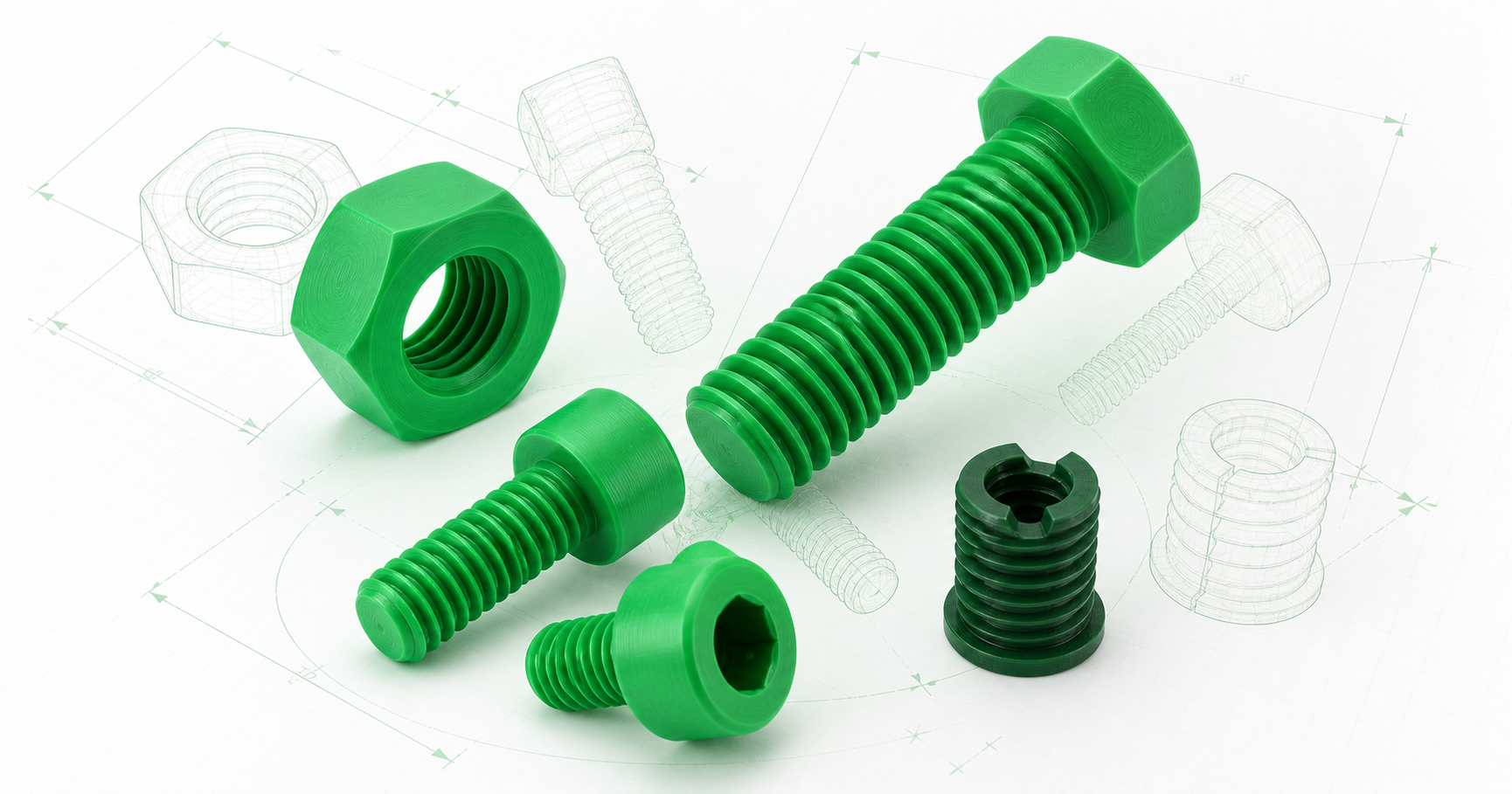 Grüne 3D-gedruckte Schrauben, Muttern und Gewindebolzen