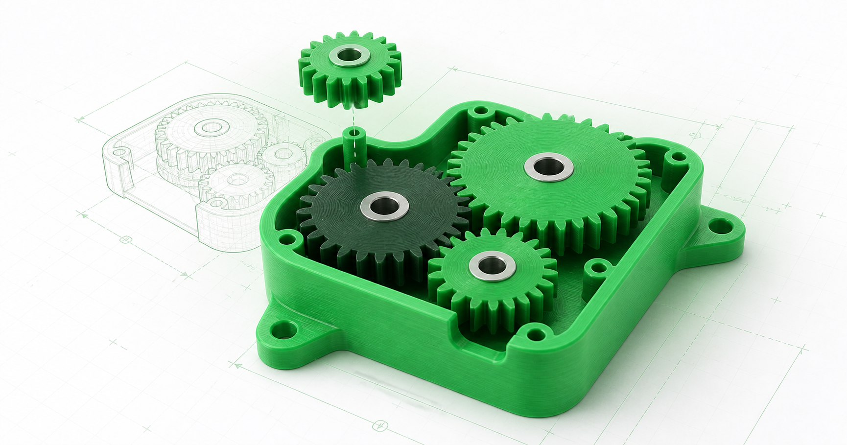Grünes 3D-gedrucktes Zahnradgetriebe mit technischer CAD-Zeichnung