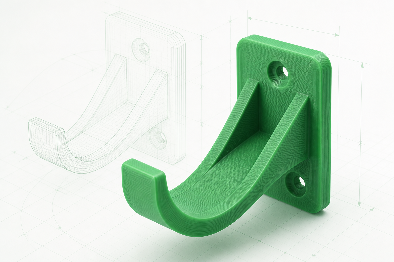 Grüner 3D-gedruckter Kopfhörer-Wandhalter mit CAD-Drahtmodell
