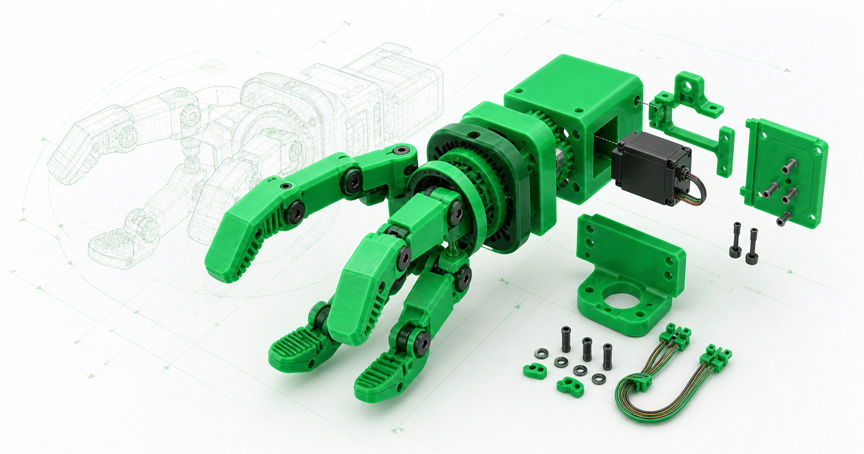 Komplexes grünes 3D-Druck-Projekt mit vielen Bauteilen
