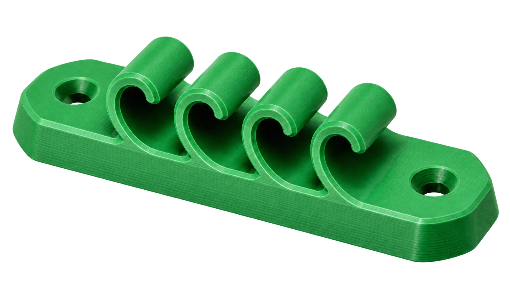 Grüner 3D-gedruckter Kabelhalter mit vier Clips und zwei präzisen Senkbohrungen