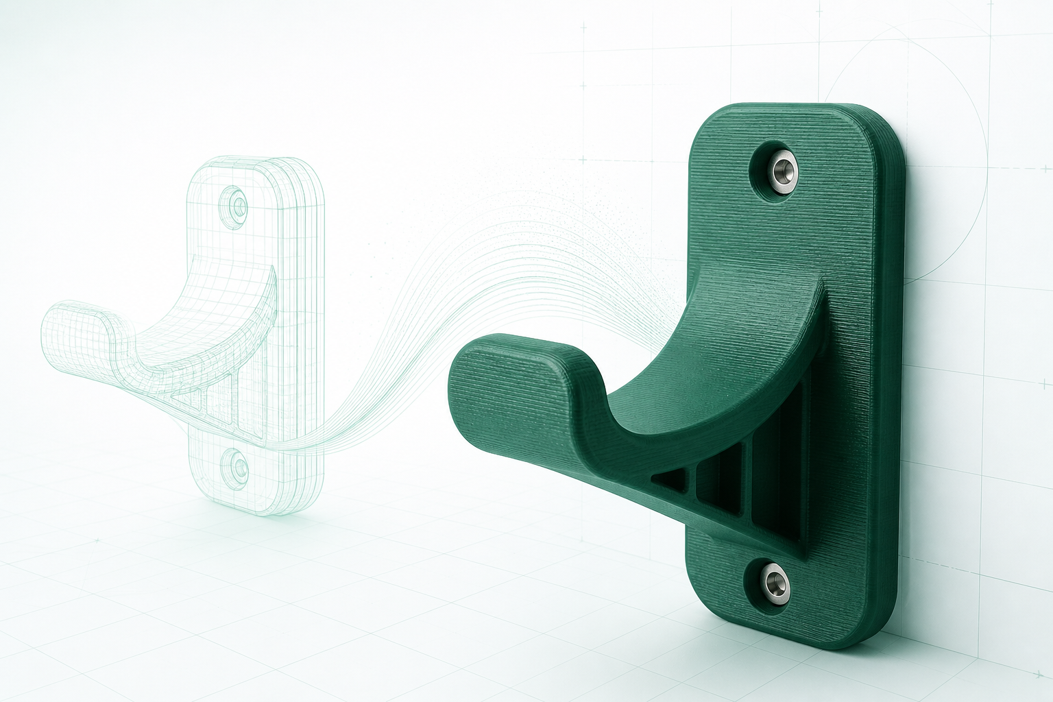 Ein technisches Drahtmodell verwandelt sich in einen grünen 3D-gedruckten Kopfhörer-Wandhalter